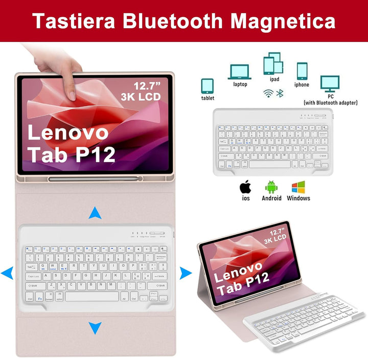 Tastatur für Lenovo P12 12.7 Zoll, Ltalian Keyboard Kabellos, Abnehmbare Bluetooth Hülle mit Tastatu