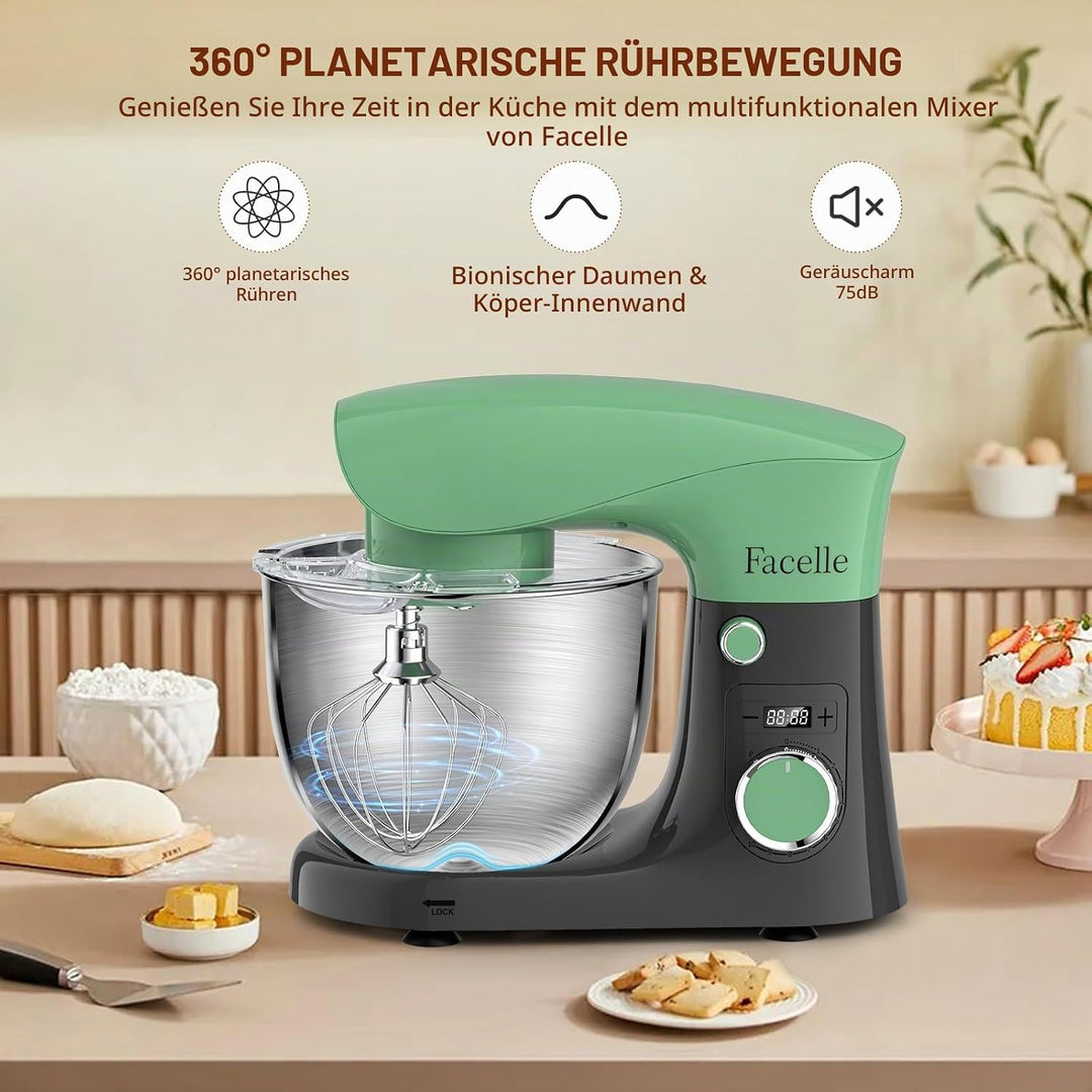 Küchenmaschine Knetmaschine 1500W | Facelle 5,5&amp;4,5L Teigmaschine Rührmaschine | Geräuscharm| 10+P T