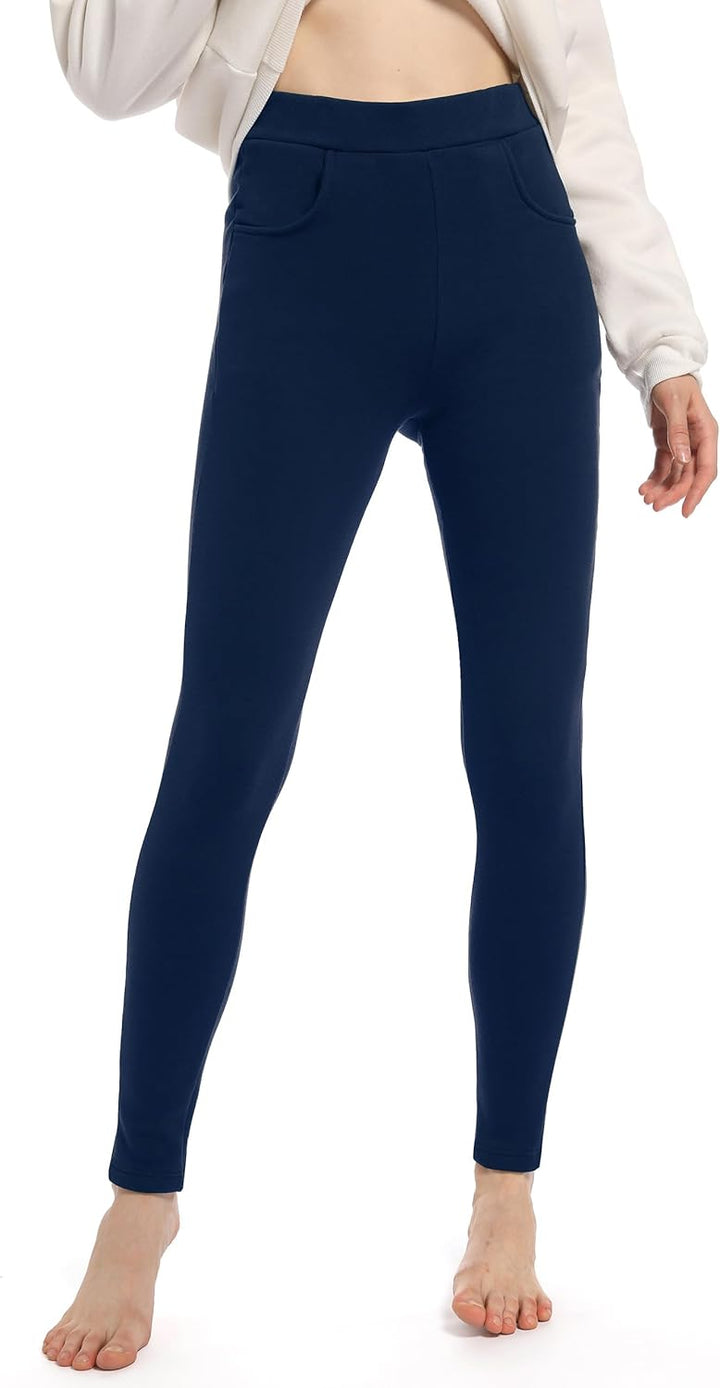 Baumwolle Thermo Leggings mit Taschen, Gefütterte High Waist Damen Winter Leggings mit Fleece, Dicke