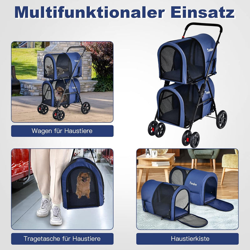 GOPLUS Doppeltschichtiger faltbarer Haustierwagen, 2-stufiger 3-in-1 Haustierwagen auf Rädern, 2 Bre