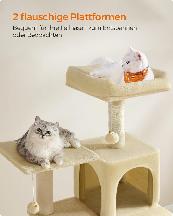Feandrea Kratzbaum, 143 cm hoch, Katzenbaum, mehrstöckiges Katzenhaus, mit 4 Kratzsäulen, 2 Plattfor
