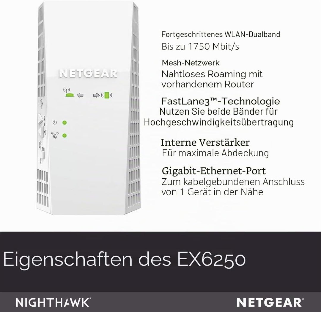 NETGEAR EX6250 Mesh WLAN Repeater (AC1750 Dualband WLAN Verstärker, WiFi Extender Abdeckung 2 bis 3