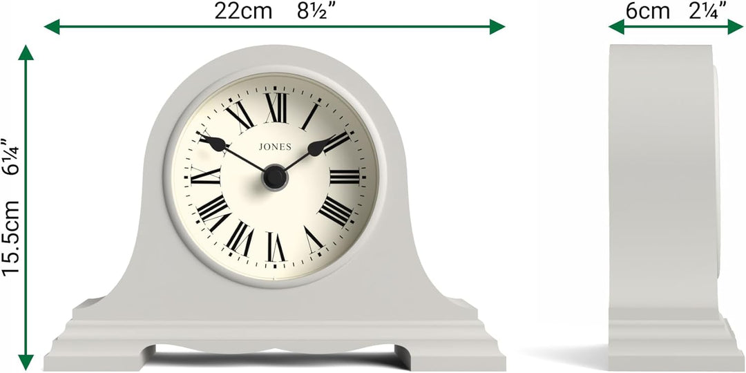 JONES CLOCKS® Speakeasy Kleine Kaminsimsuhr | Klassisches napoleonshut-Design | Grau | Römische Zahl