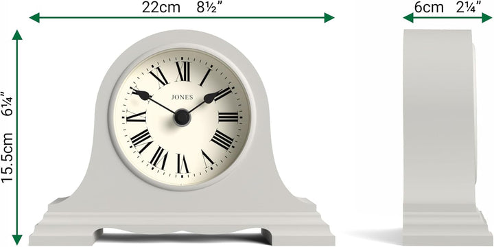 JONES CLOCKS® Speakeasy Kleine Kaminsimsuhr | Klassisches napoleonshut-Design | Grau | Römische Zahl