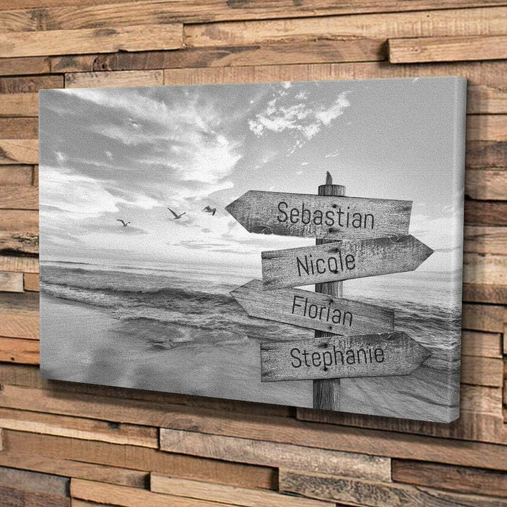 Deutsam Individuelle Leinwand Wegweiser Strand 2 Schwarz weiss mit eigenen Namen Geschenk für Verlie