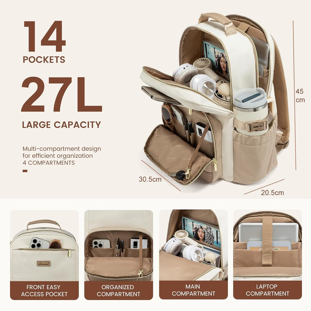 LOVEVOOK Rucksack Damen,15,6 Zoll Laptop Schulrucksack Teenager mit grossem Fach für Trinkflaschen,T