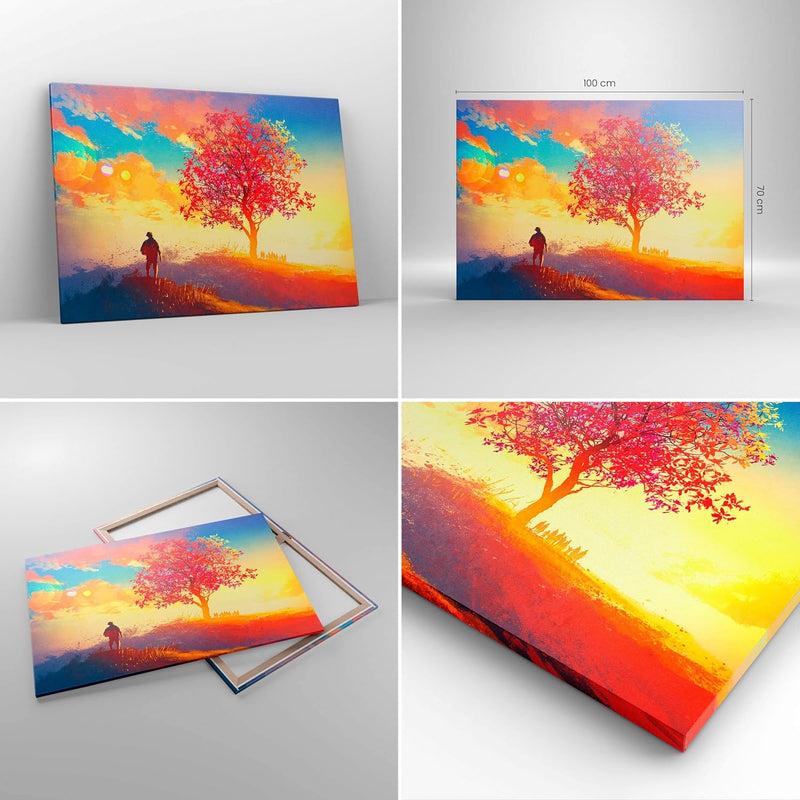 Bilder auf Leinwand 100x70cm Leinwandbild mit Rahmen Baum Wiese Feld Gross Wanddeko Bild Schlafzimme