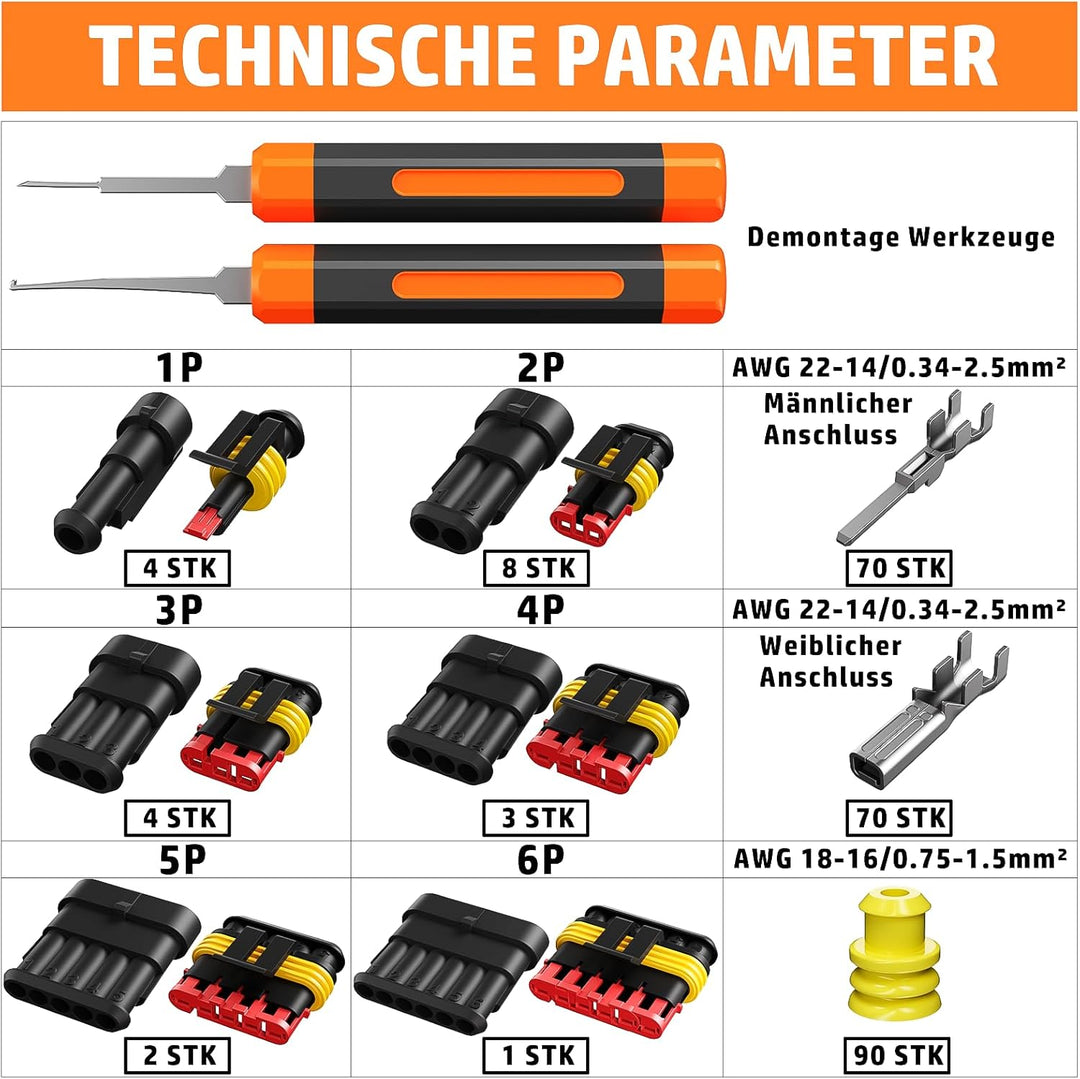 PEBA Wasserdichte KFZ Steckverbinder Set IP67 – 1/2/3/4/5/6 Polig Kabelstecker für 0,34–2,5 mm², Kom