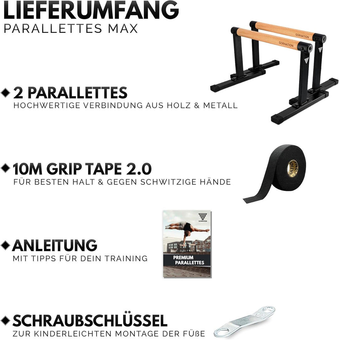 GORNATION Parallettes, inkl. Grip Tape, Calisthenics Equipment für Handstand & Push Ups, Liegestützg