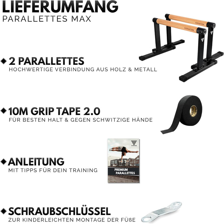 GORNATION Parallettes, inkl. Grip Tape, Calisthenics Equipment für Handstand & Push Ups, Liegestützg