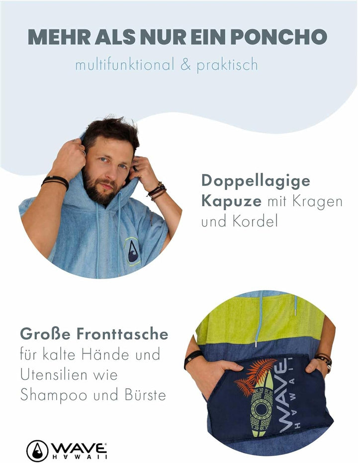 WAVE HAWAII Bade-Poncho Damen & Herren | Grösse L, 170-200cm I 100% Baumwolle Surf-Poncho Erwachsene