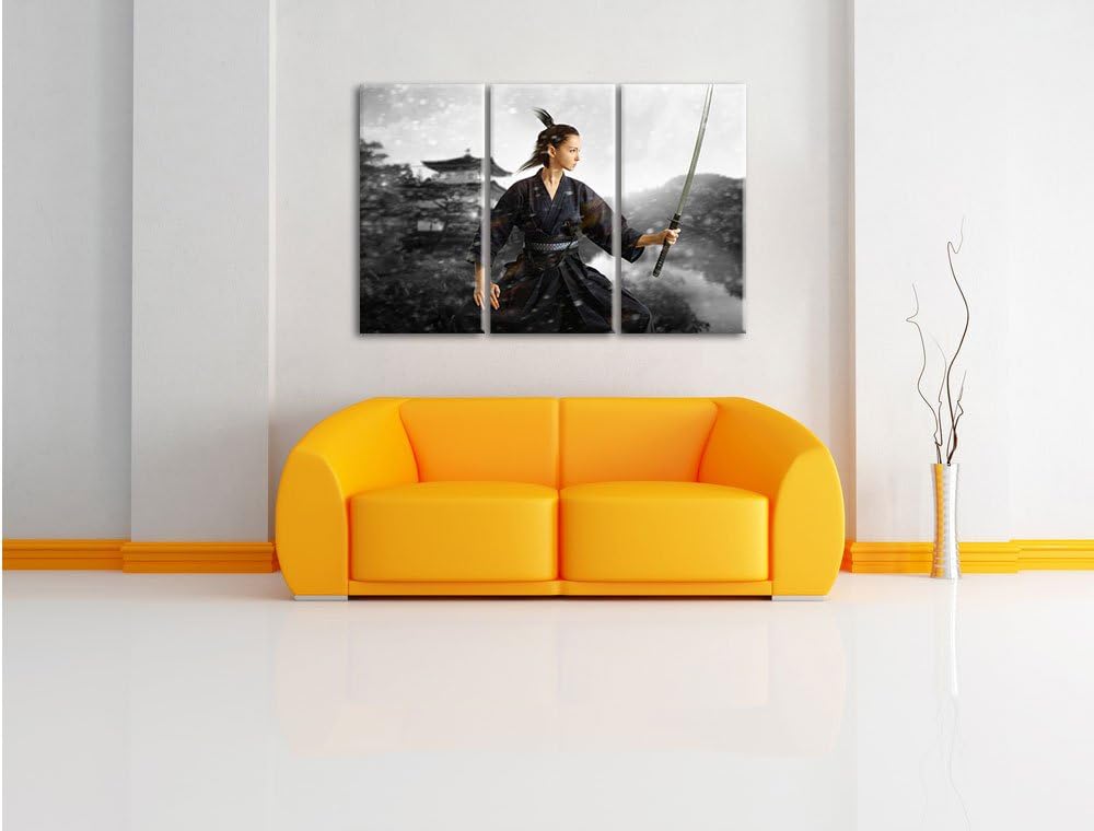 Pixxprint Samurai-Kriegerin im Schneesturm B&W Detail 3-Teiler Leinwandbild 120x80 Bild auf Leinwand