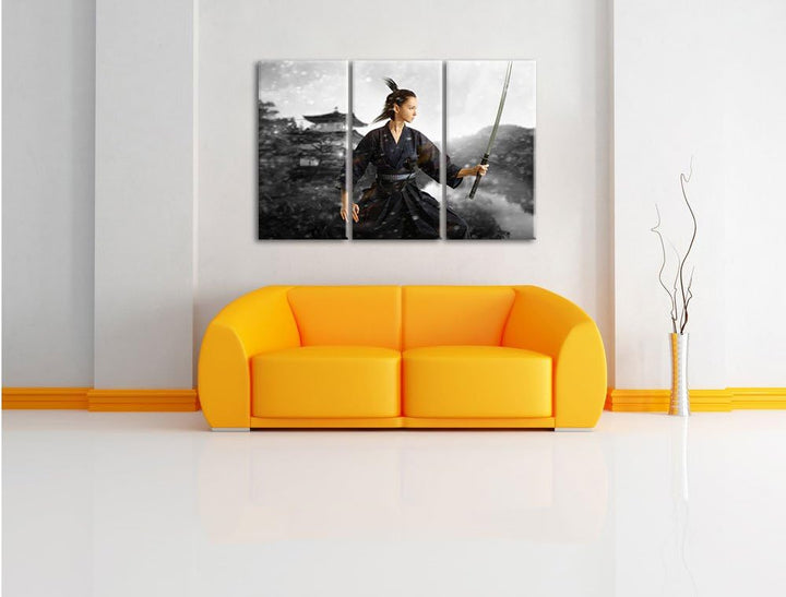 Pixxprint Samurai-Kriegerin im Schneesturm B&W Detail 3-Teiler Leinwandbild 120x80 Bild auf Leinwand
