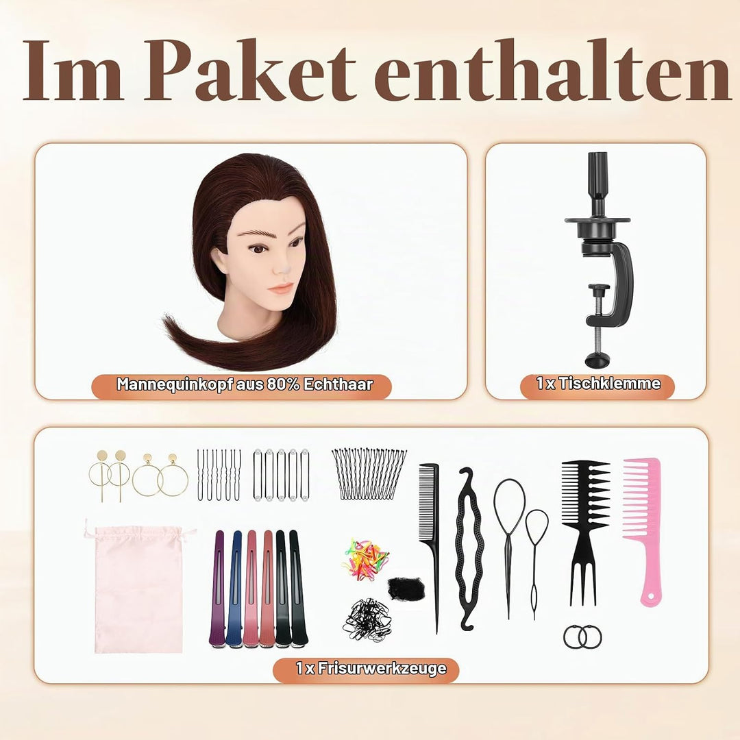 Yofuly 24Zoll / 61cm Frisierkopf mit Ohrlöchern, 80% Echthaar Übungskopf, Frisieren Trainingsköpfe P