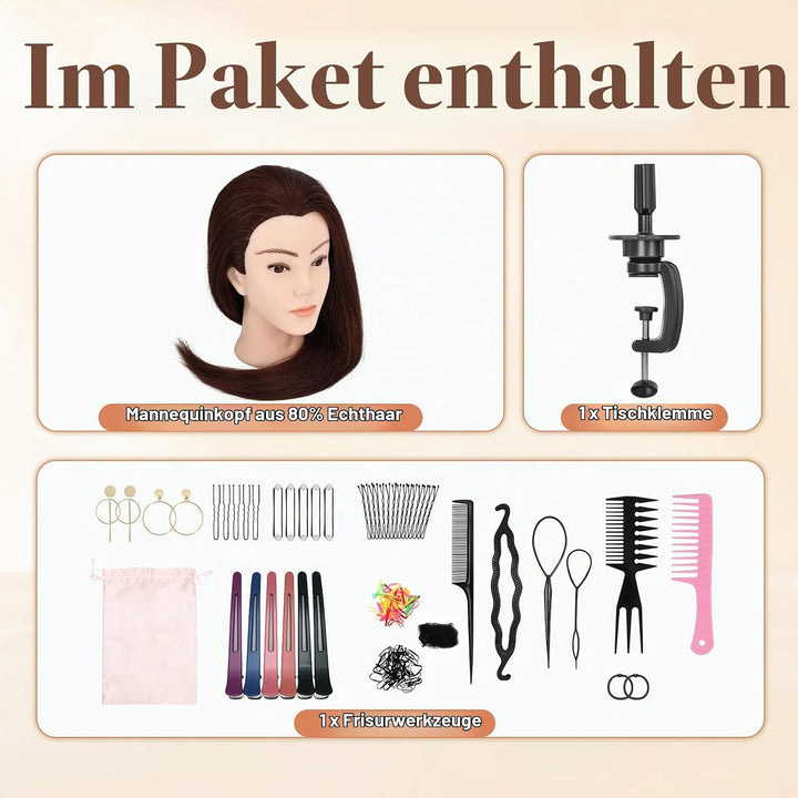 Yofuly 24Zoll / 61cm Frisierkopf mit Ohrlöchern, 80% Echthaar Übungskopf, Frisieren Trainingsköpfe P