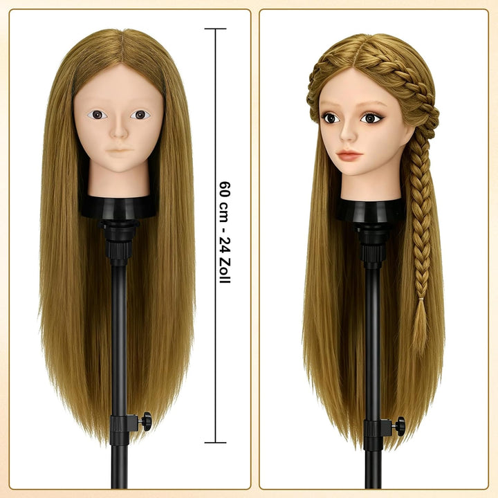 TwoWin Friseurkopf mit Haaren, 24 Zoll (61 cm) 80% Echthaar Mannequin Kopf, Make-up Übungskopf, Trai