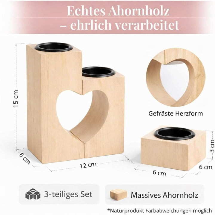 Plogis Herz Teelichthalter aus Holz -Set aus 3 Dekorativen Kerzenständern | Herz Deko & Romantische