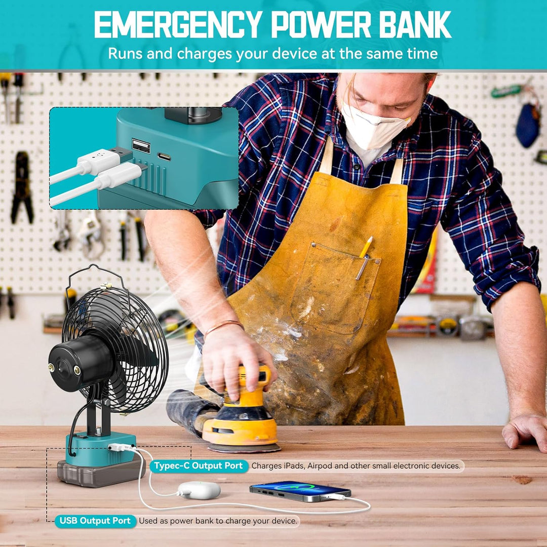 Ecarke Akku-Ventilator 6 Zoll kompatibel mit Makita 18V Akkus, tragbarer Lüfter mit USB- & Typ-C-Ans