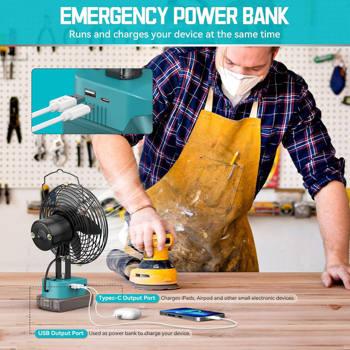 Ecarke Akku-Ventilator 6 Zoll kompatibel mit Makita 18V Akkus, tragbarer Lüfter mit USB- & Typ-C-Ans