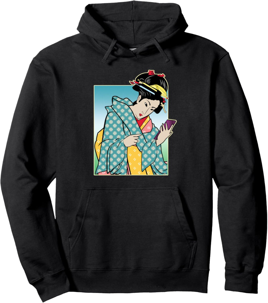 Geisha-Texte auf Smartphone alte japanische Holzschnitt-Frau Pullover Hoodie