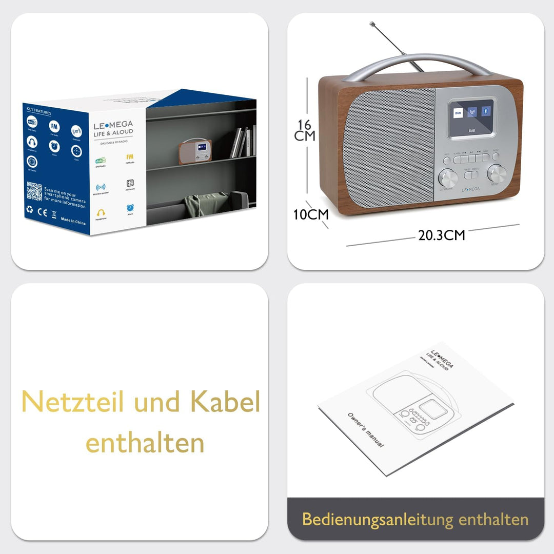 LEMEGA DR5 Tragbares DAB/DAB+ Digitalradio,Radio Holz mit Bluetooth 5.3,UKW-Radio für die Küche oder