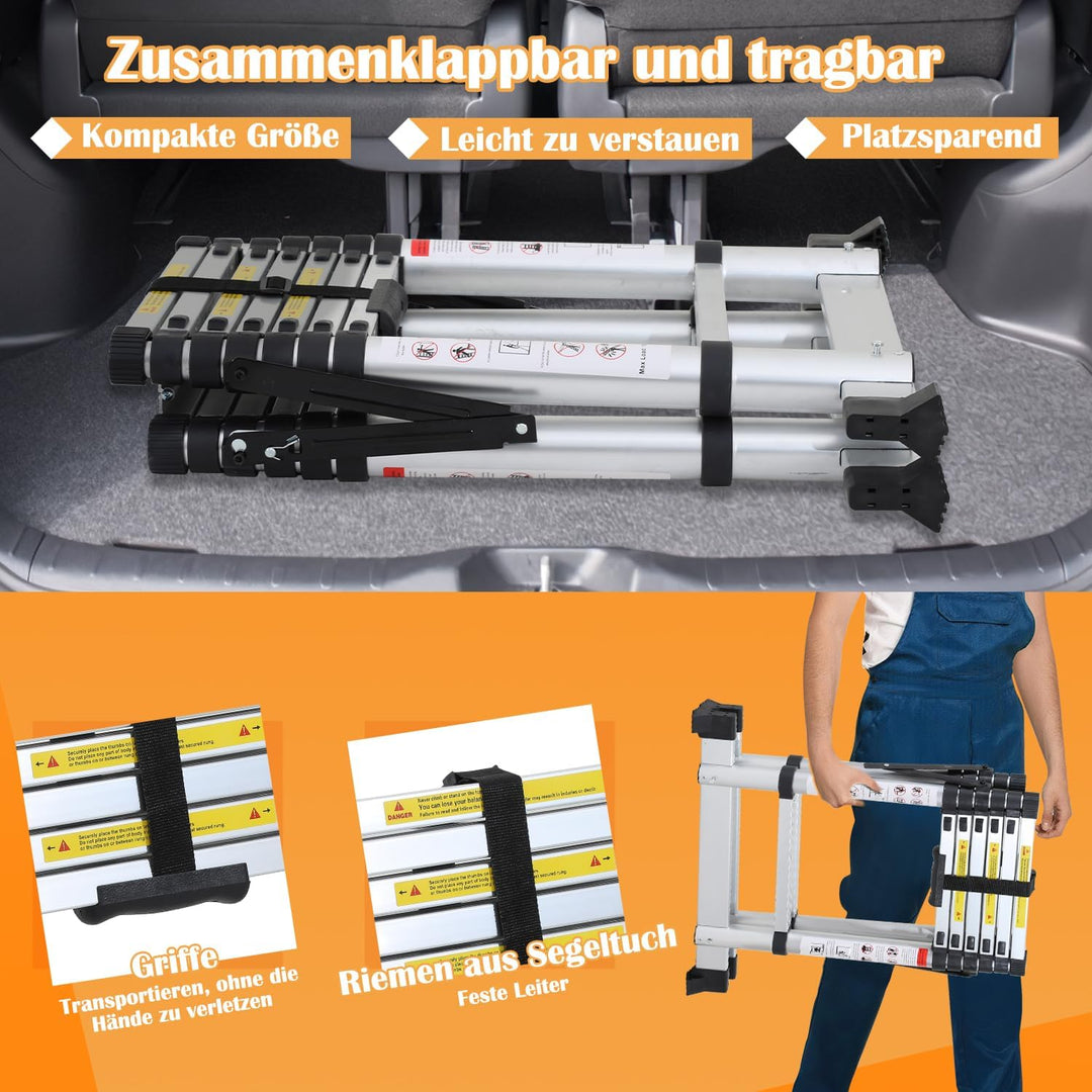 Eulenke teleskopleiter klappleiter 1,7+2M aluleiter Tragbare rutschfeste ausziehleiter 5+6 Stufen, 1