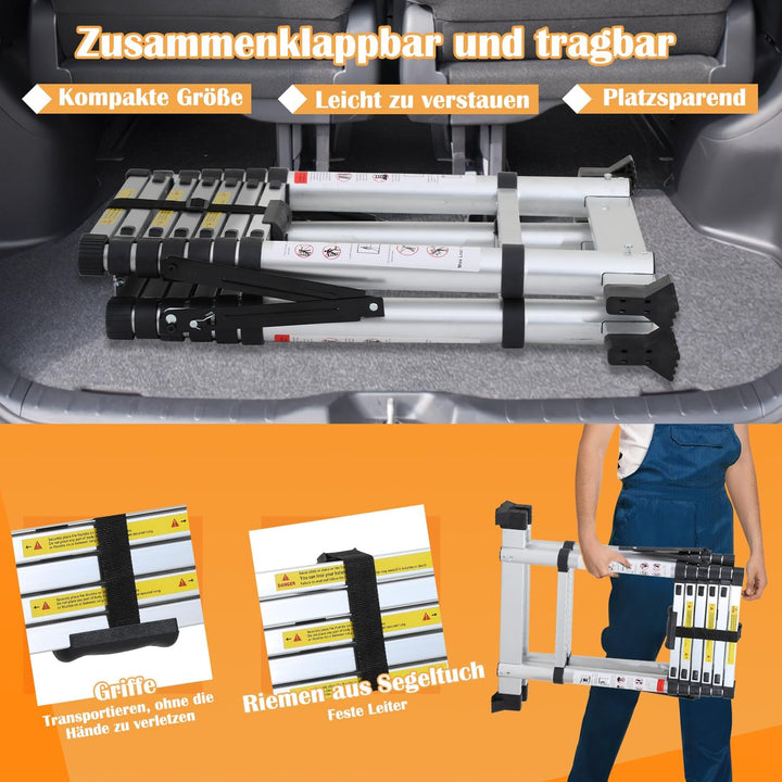 Eulenke teleskopleiter klappleiter 1,7+2M aluleiter Tragbare rutschfeste ausziehleiter 5+6 Stufen, 1