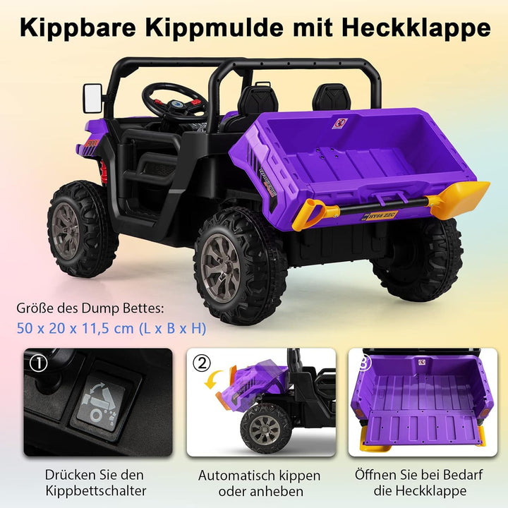 GOPLUS Kinder Elektroauto, 2-Sitzer Kinderauto mit Kippbett &amp; Schaufel, Fernbedienung, Musik, Schein