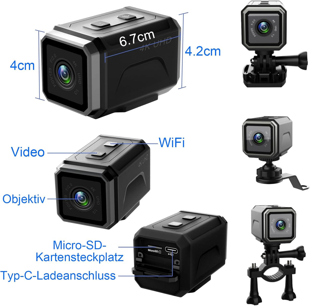 Action Cam WiFi, 4K Stabilisierung Hotspot Actionkameras, 8-Stunden-Akku & 140° Weitwinkel Helmkamer
