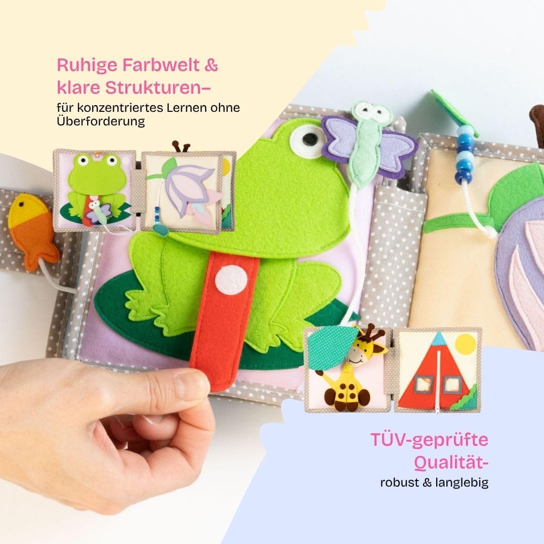 Jolly Designs – Mini Quiet Book Schillernder Papagei – Montessori Spielzeug ab 6 Monaten – Motorik &