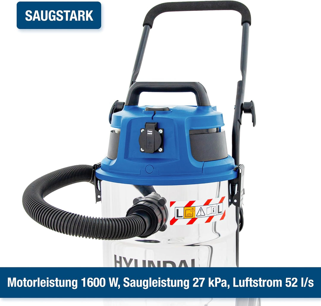 HYUNDAI Nass- / Trockensauger VCWD1630E, 1600 W, 30l Edelstahltank, Sauger mit Ausgangssteckdose, Ma