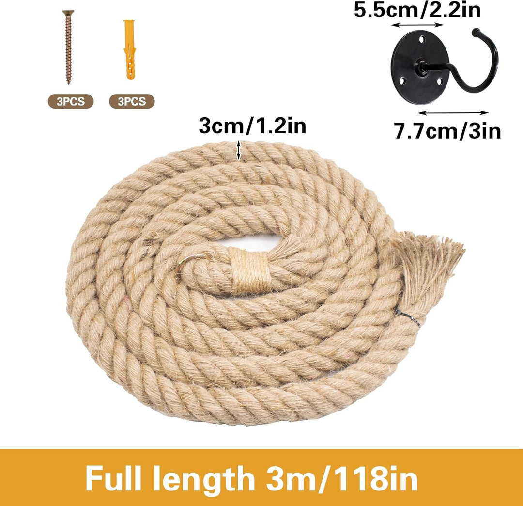 300cm x 3cm Kratz- und Klettertau mit Haken Natürliche Jutefaser für Decken- und Wandmontage Katzene