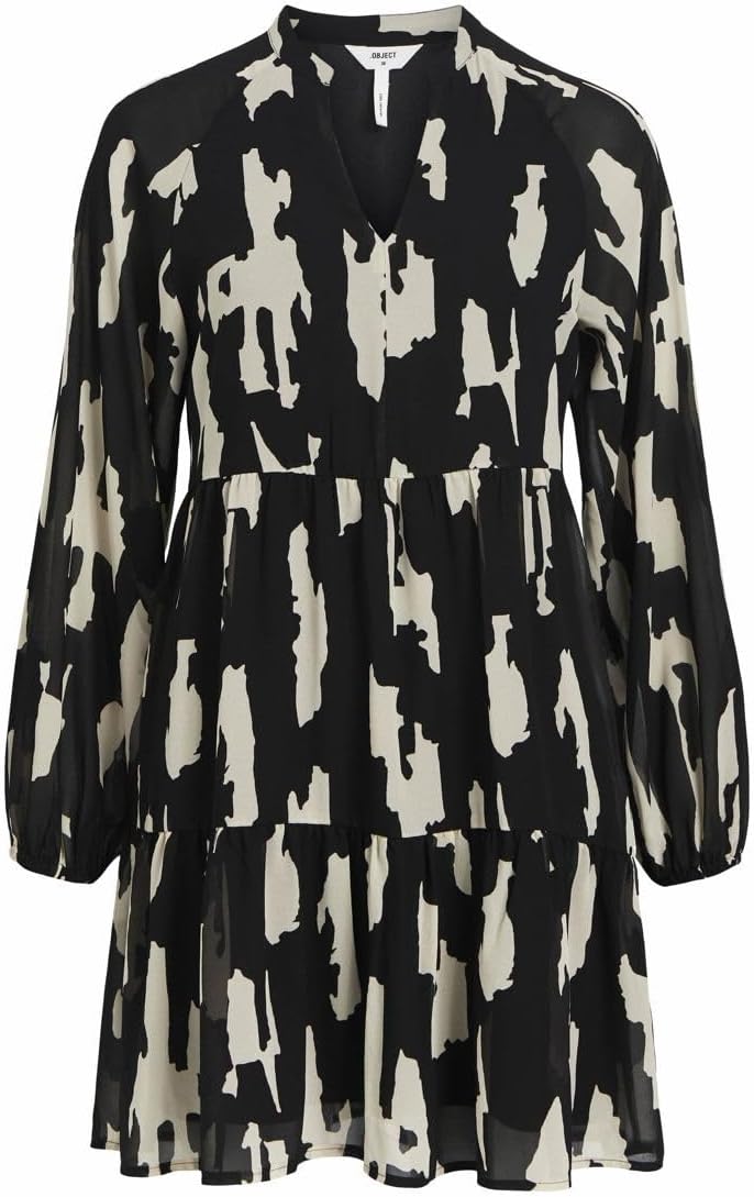 Object Damen Objmila Gia L/S Dress Noos Kleid 44 Black/Aop:sandshell Graphic, 44 Black/Aop:sandshell