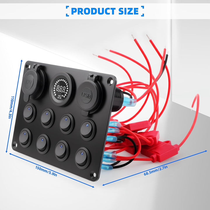 Geloo 8 Gang wasserdichte Wippschalter-Panel, blaue LED-Lichter, Dual 5 V USB-Ladebuchse, für Autos,