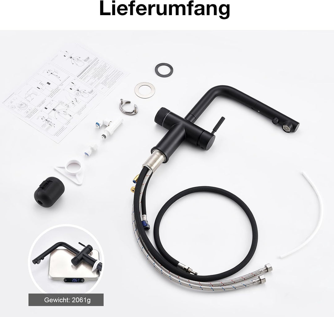 Faustina 3 Wege Küchenarmatur mit Brause ausziehbar, Doppelhebel Armatur Wasserhahn Spültischarmatur