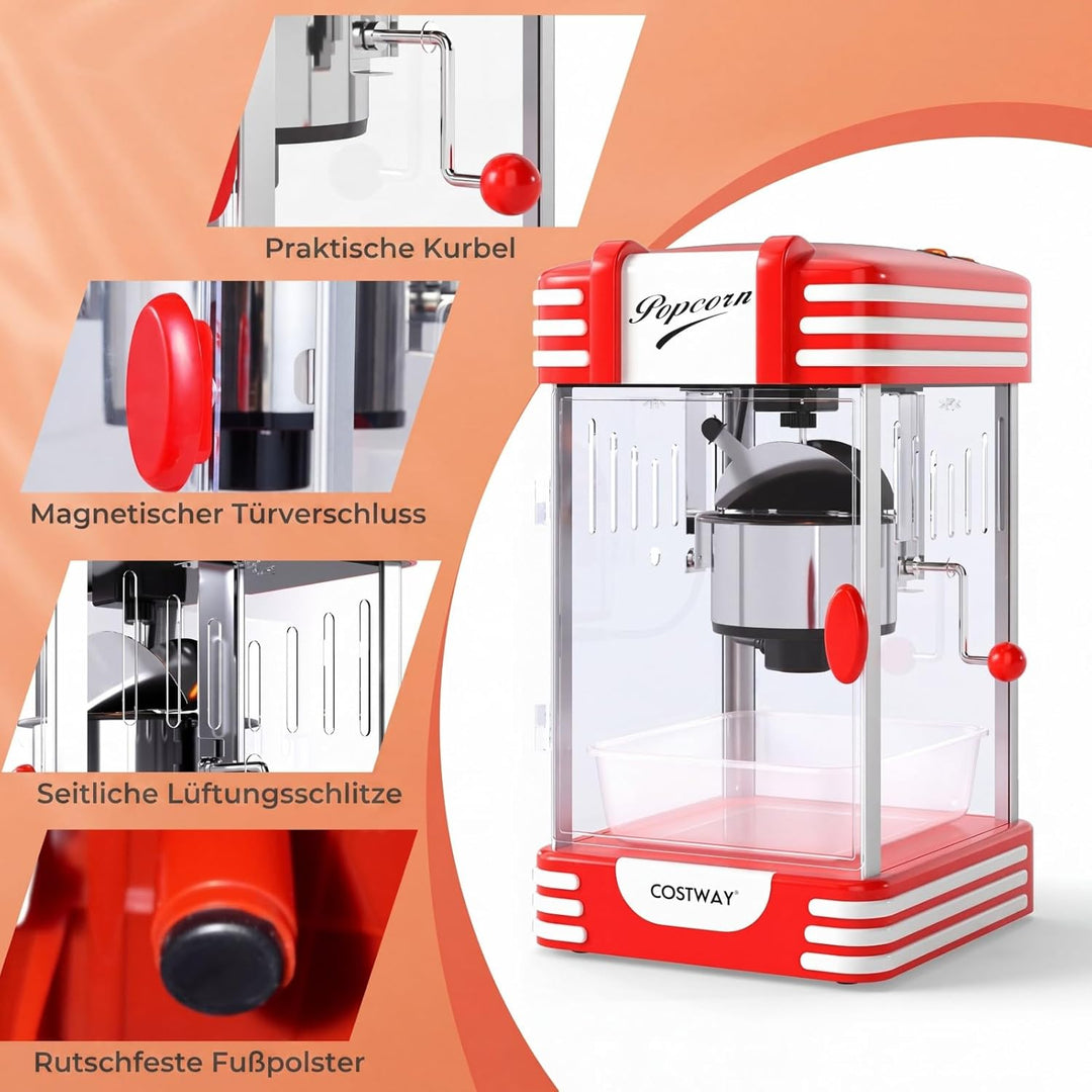 COSTWAY Retro Popcornmaschine, Popcorn maschine mit Warmhaltelicht & Edelstahlkessel & integriertes