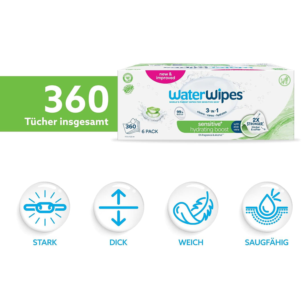 WaterWipes Sensitive+ Hydrating Boost Wipes, Feuchtigkeitsspendende Tücher, 360 Stück (6 Packungen),