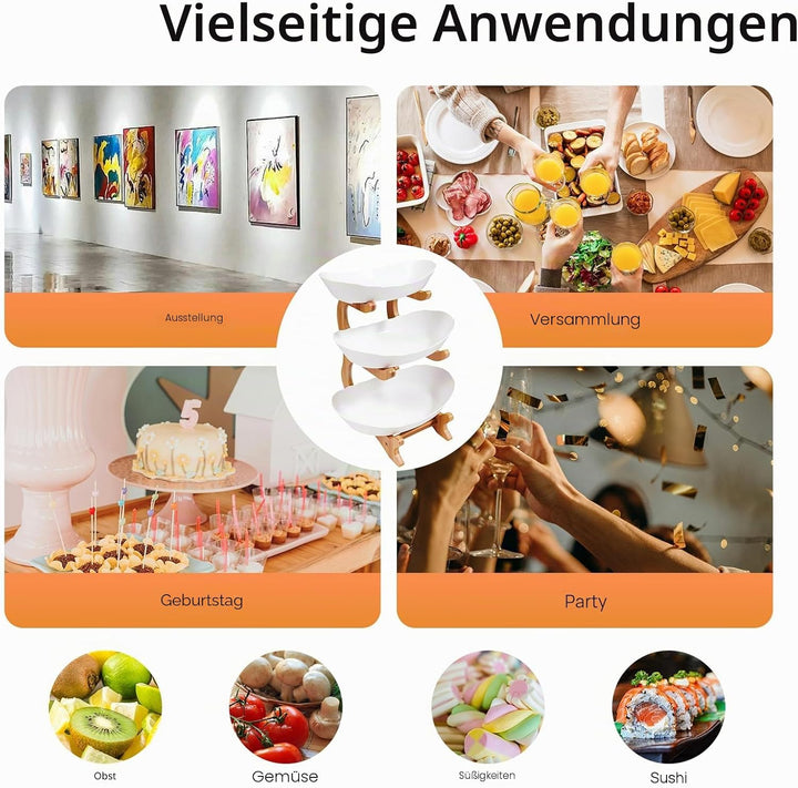 Fyssnn Obst Etagere 3 Stöckig Obstschale mit Bambusholzständer 3-Tier Servierschalen mit Ständer Gee