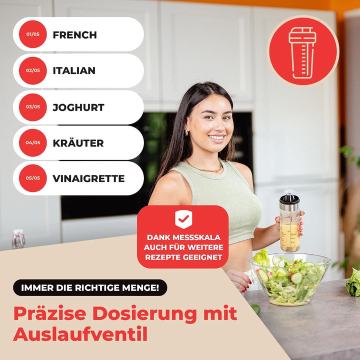 LALOB® Dressing Shaker – spülmaschienegeeignet - mit 5 Rezept-Skalen in 175 ml & 350 ml – Auslaufsic