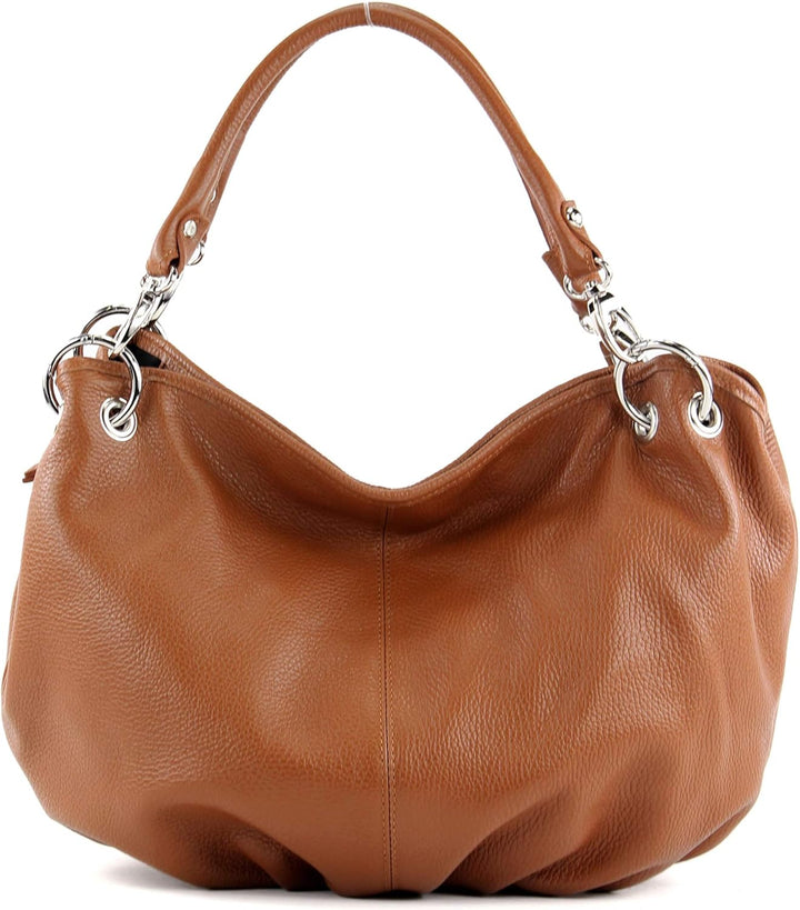 modamoda de - IT40 - ital. Damen Schultertasche aus Leder Cognac Leder, Cognac Leder