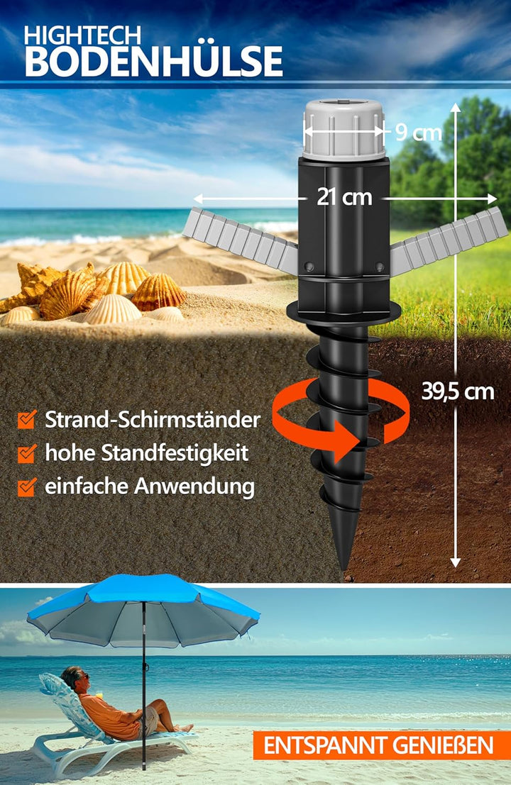 4smile Sonnenschirm Strand SET mit Bodenhülse, Ø 200 cm, Blau | UPF 50+ Strandschirm + Sonnenschirm