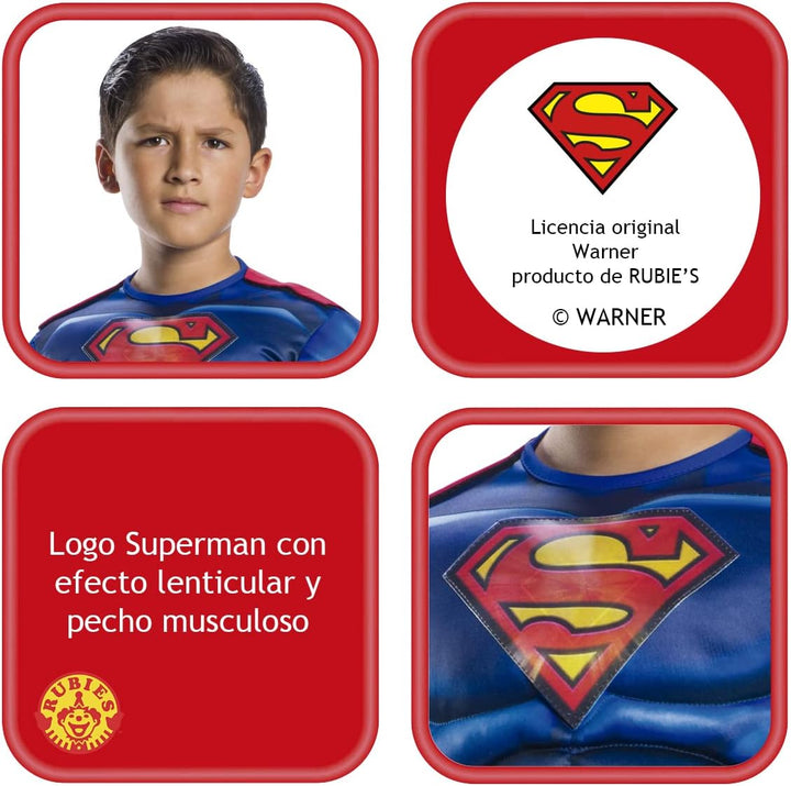 Rubies Superman Black Line Deluxe Kostüm für Kinder, Jumpsuit mit muskulöser Brust und Umhang, offiz