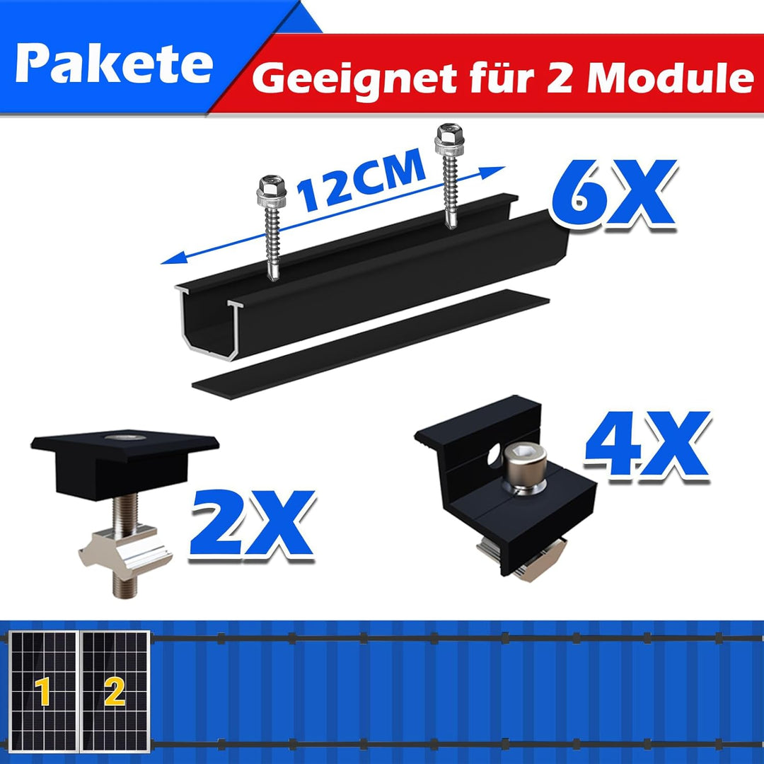 Warmfay Solarmodul Halterung Montageset, Schwarzes 12CM Aluprofil und Verstellbare Klammern Befestig