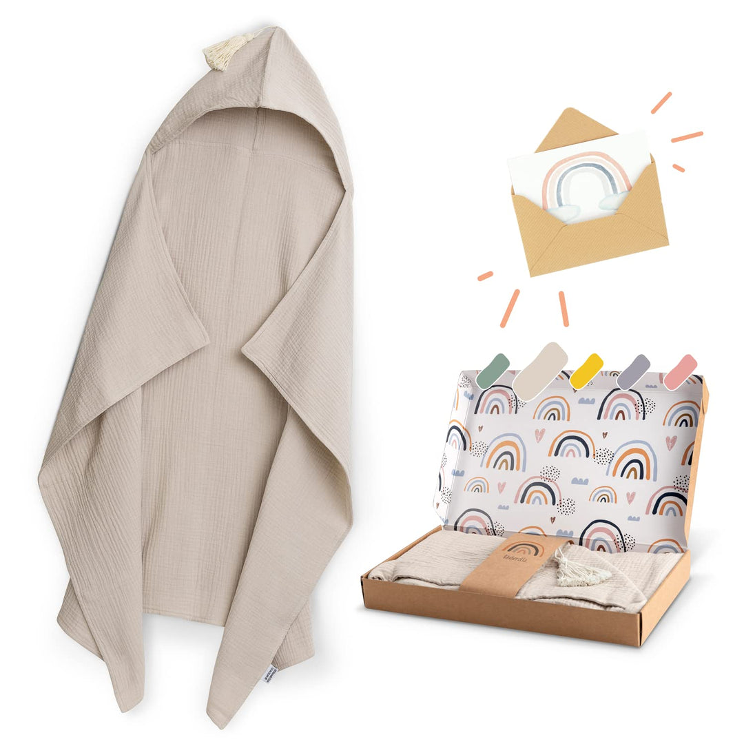 Räuberella® Kapuzenhandtuch-Baby in Beige I 75x100cm I Musselin-Badetuch-Baby aus 100% Bio-Baumwolle