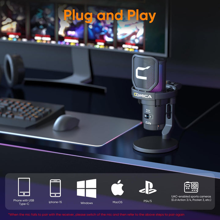 COMICA EJoy Uni Pro Kabellos USB Mikrofon PC, Gaming Mikrofon für Streaming Podcast Studio, PS4/PS5/