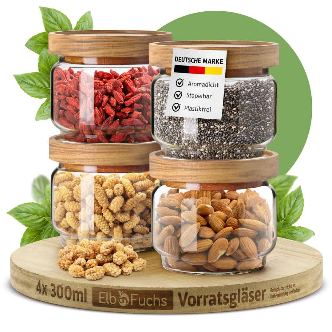 ElbFuchs® Vorratsgläser mit Deckel luftdicht NEU | 4x 300ml [BPA-FREI & MOTTENSICHER] Vorratsdosen a