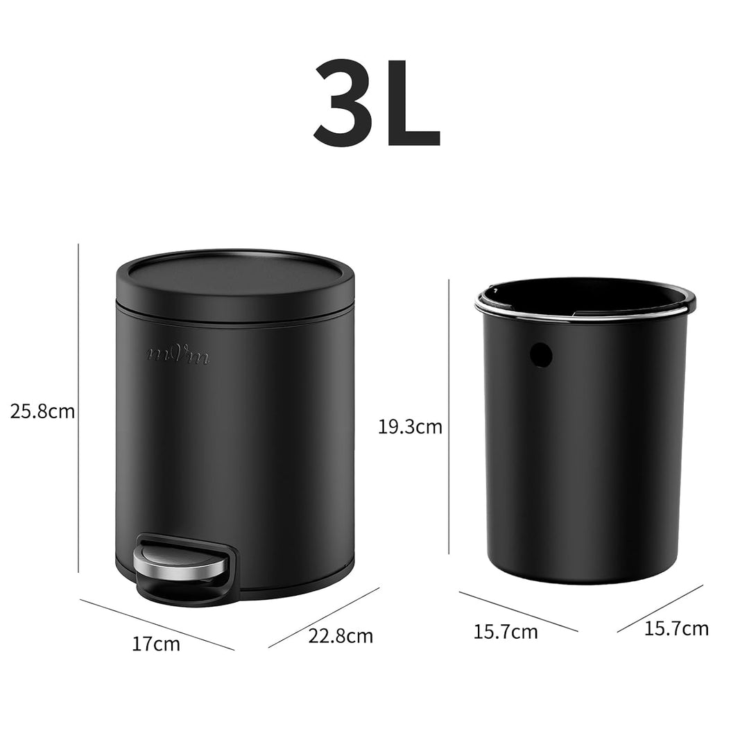 mVm Mülleimer Bad 3L, Mülleimer mit Deckel, Schwarz | Soft-Close, Herausnehmbarem Inneneimer, Finger