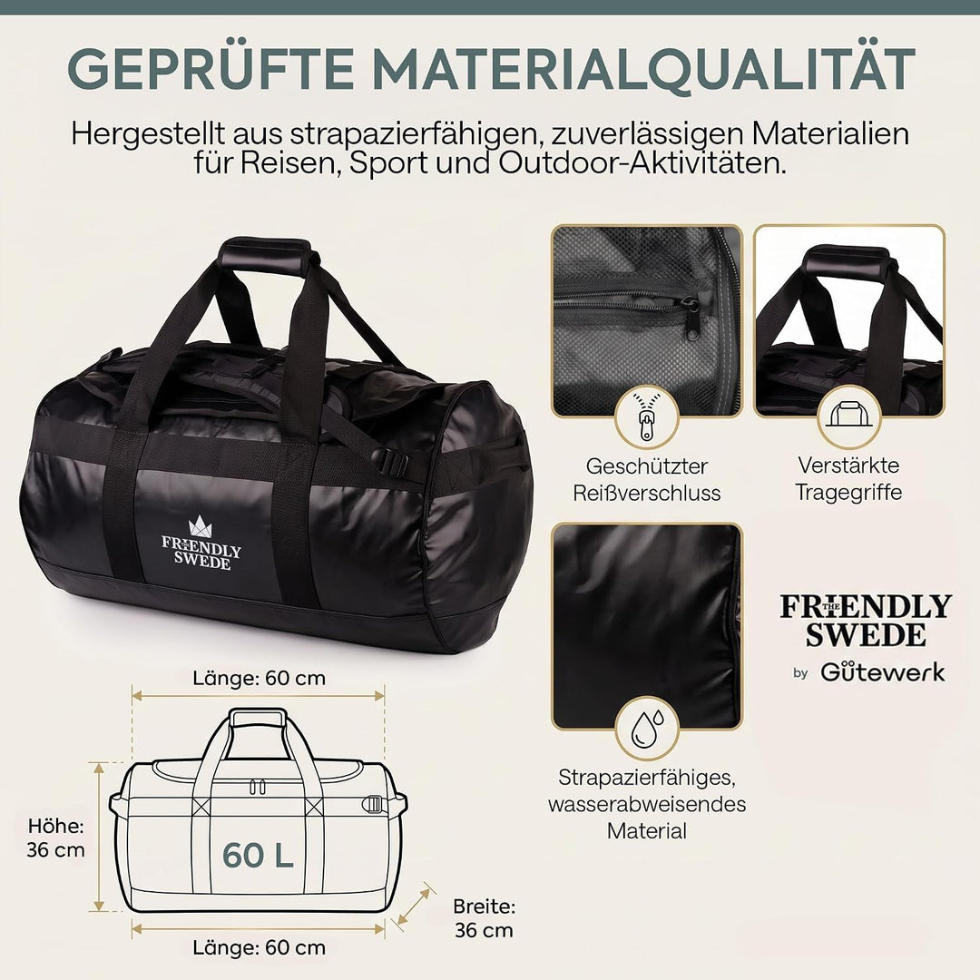 The Friendly Swede Wasserfeste Reisetasche Duffle Bag Rucksack - 30L / 60L / 90L - Seesack, Sporttas