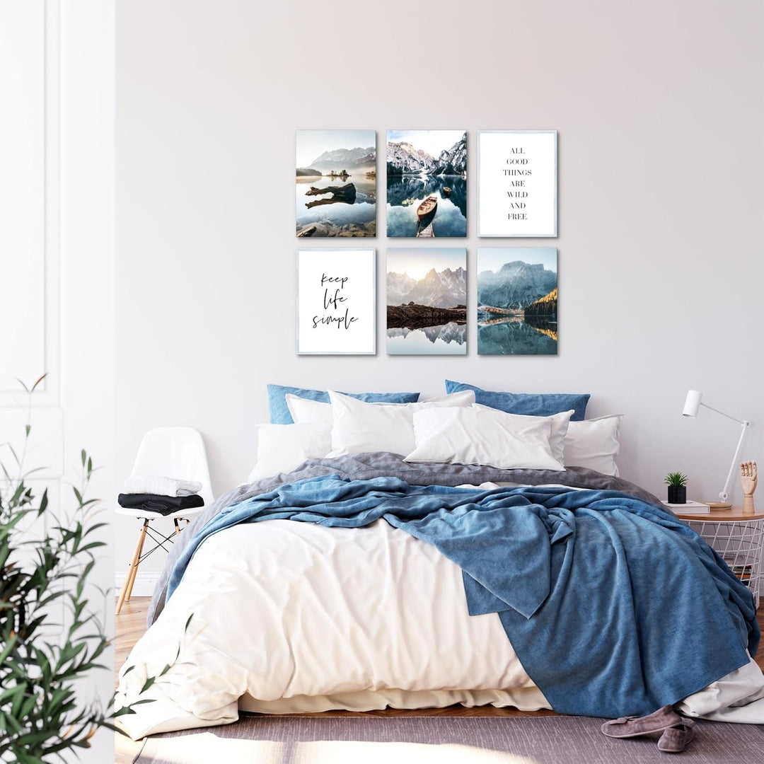 Novart Wandbilder - KEIN EXTRA RAHMEN BENÖTIGT - Wohnzimmer Schlafzimmer - Bilder Modern See Berge b