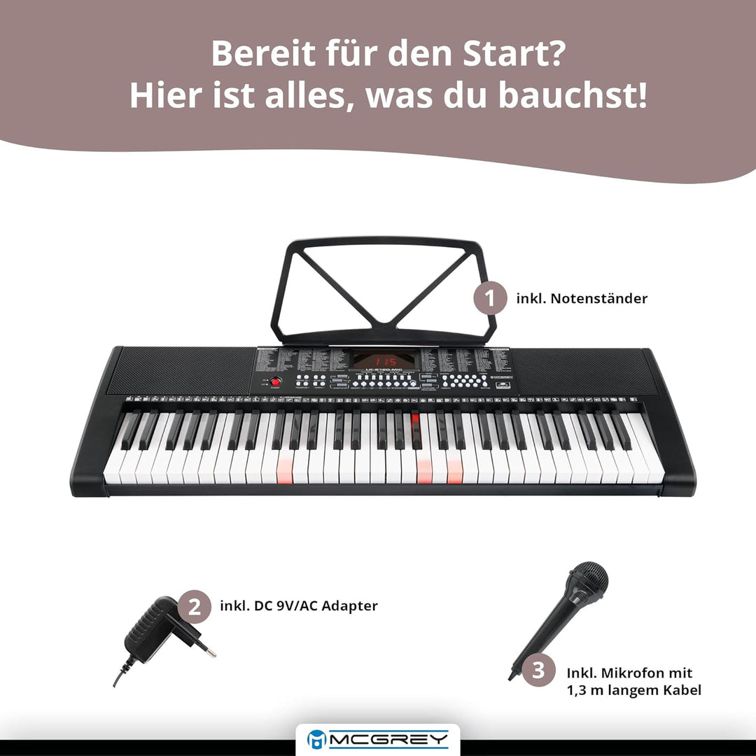 McGrey LK-6120-MIC Keyboard Set - Einsteiger-Keyboard mit 61 Leuchttasten - 255 Sounds und 255 Rhyth
